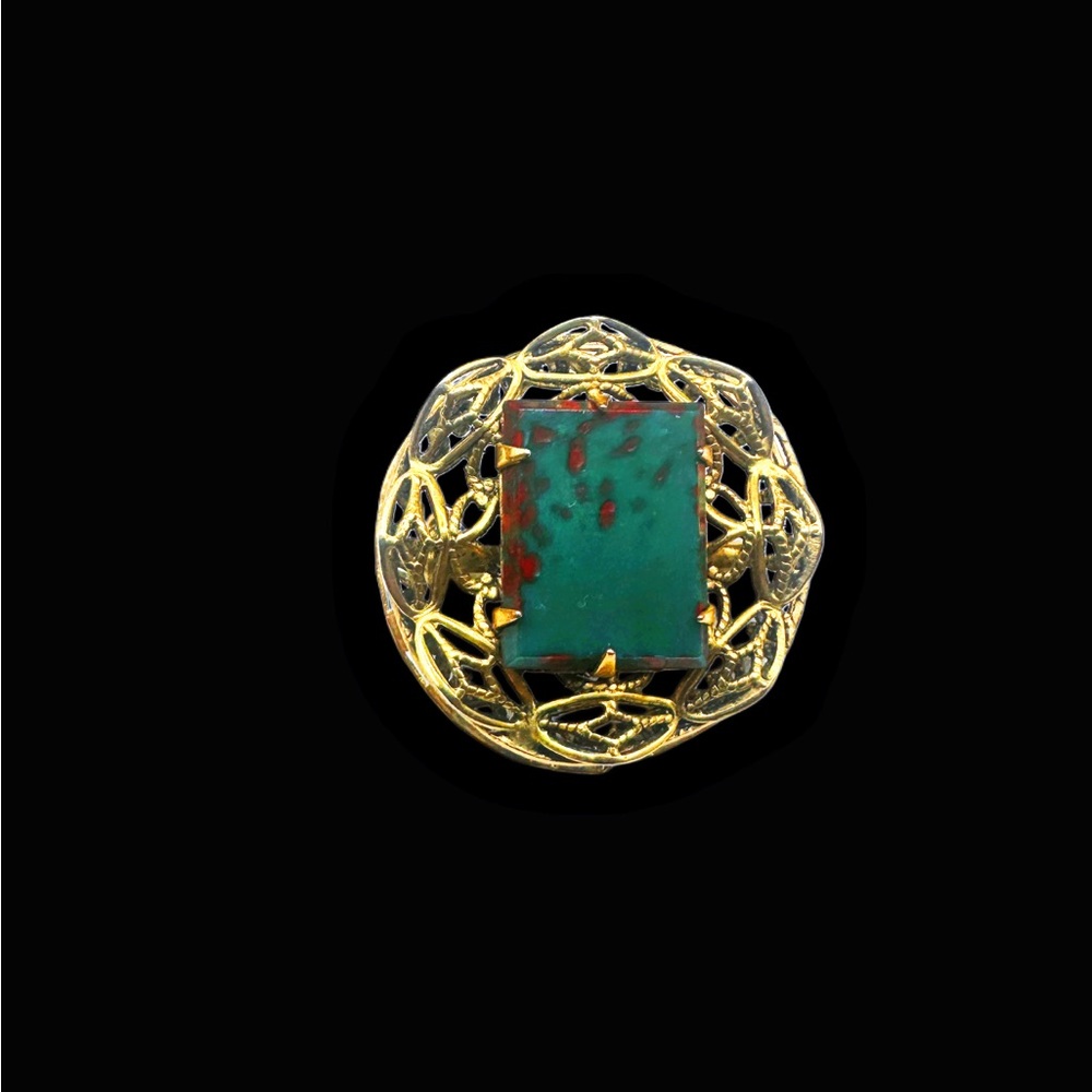 Vintage Unsigned Freirich Gold Brooch with Green Speckled Glass Stone